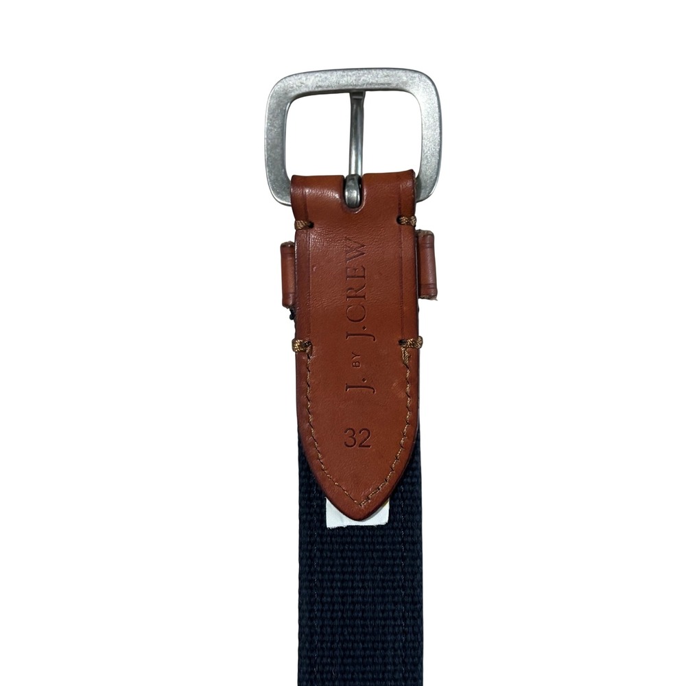 J Crew Mens Navy Red Oars Rowing Web Belt Brown Leather Size 32 Preppy Nautical - Picture 2 of 4